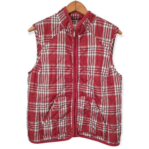 Buffalo Plaid Puffy Vest Quilted Red Pockets Cinched Medium Outdoors Academia - Picture 13 of 16